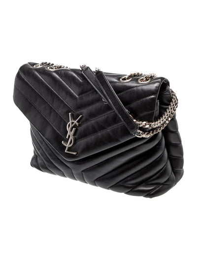 $3250 Saint Laurent Quilted Monogram Medium Loulou Chain Satchel Black