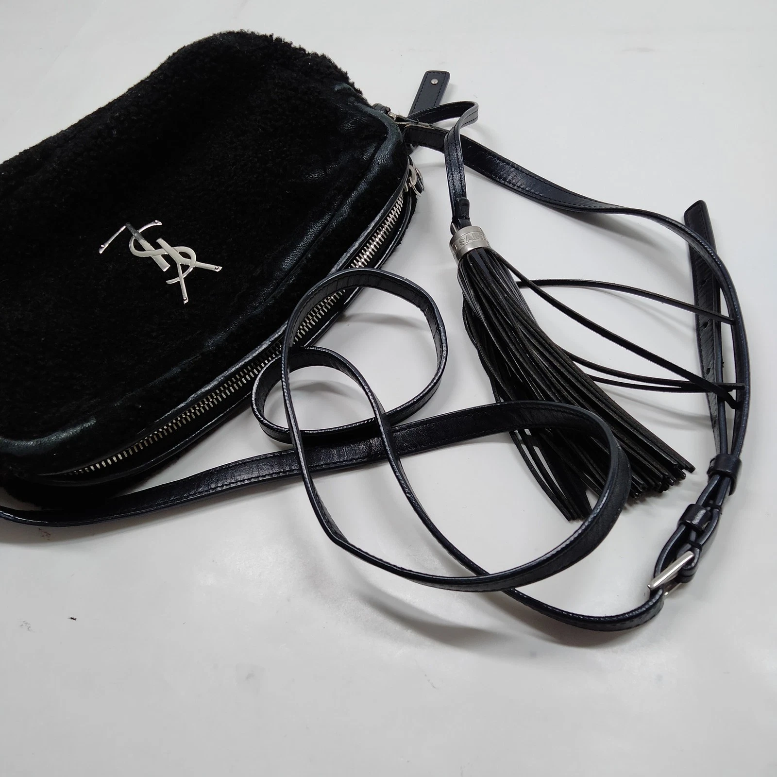 $1690 Saint Laurent Mini Lou Camera Bag Monogram Shearling Black