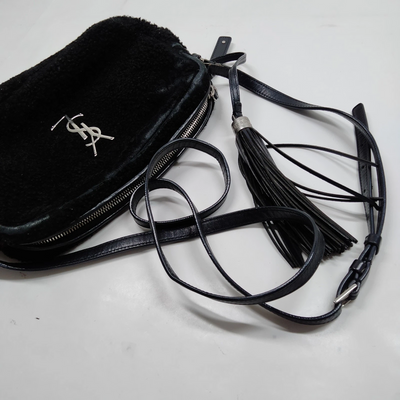 $1690 Saint Laurent Mini Lou Camera Bag Monogram Shearling Black
