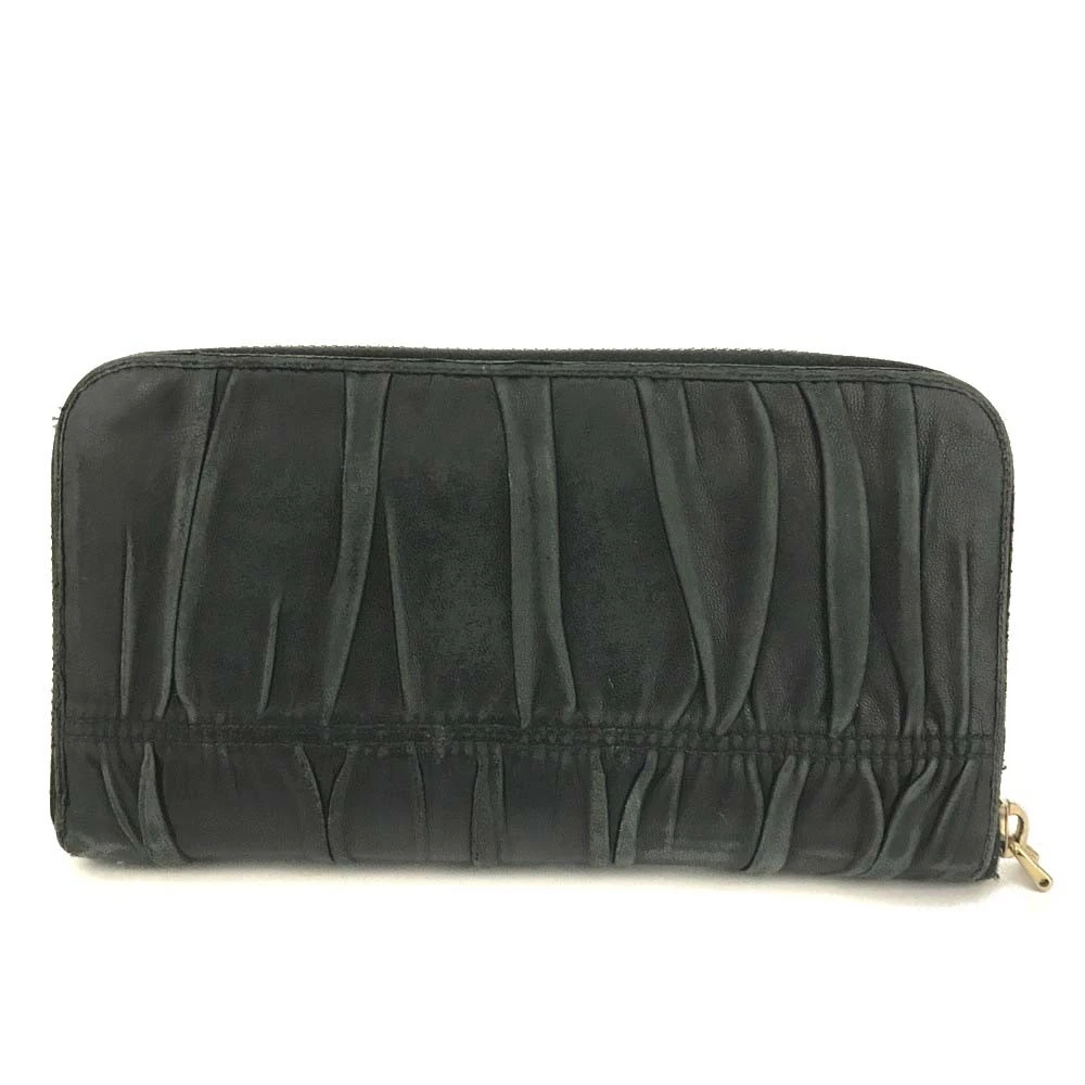 PRADA Logo Gather Leather Zip Around Long Wallet Black