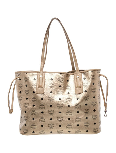 $950 MCM Metallic Visetos Medium Liz Reversible Shopper Tote Gold