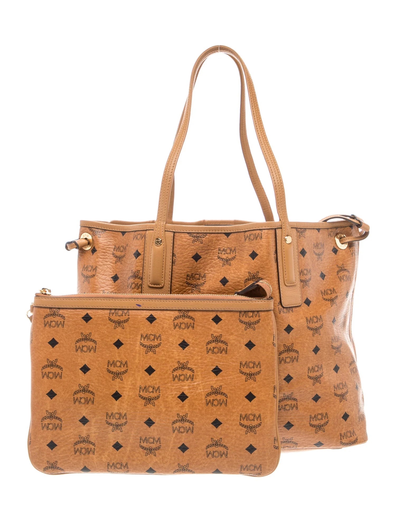 $780 MCM Visetos Medium Liz Reversible Shopper Tote Cognac