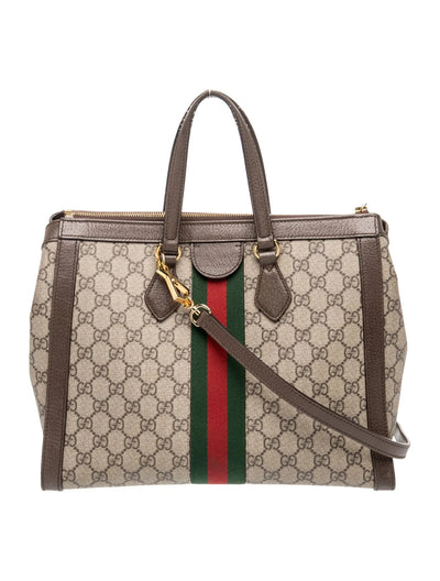 $2390 Gucci GG Supreme Monogram Web Medium Ophidia Tote Bag Brown