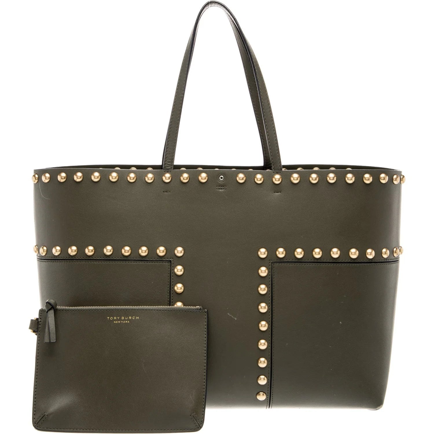 $448 Tory Burch T Studded Tote Olive Green
