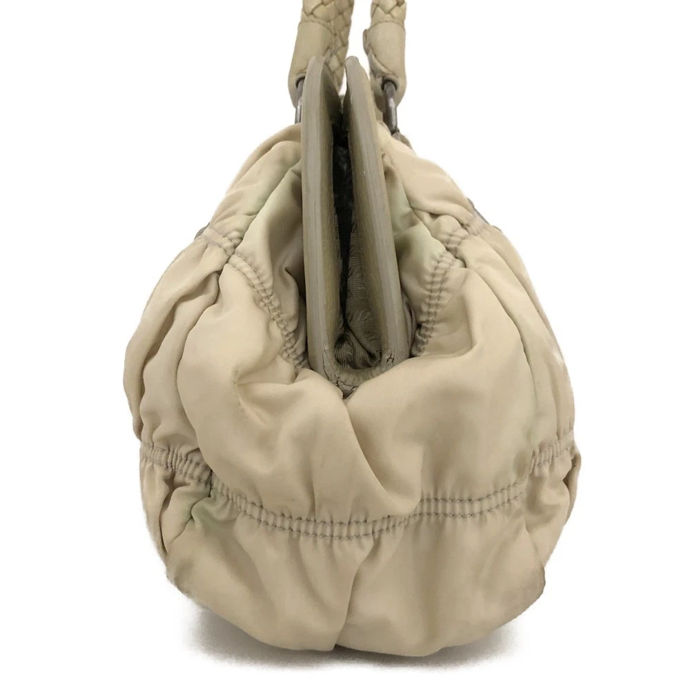 $800 PRADA Logo Plate Nylon Hand Bag Ivory
