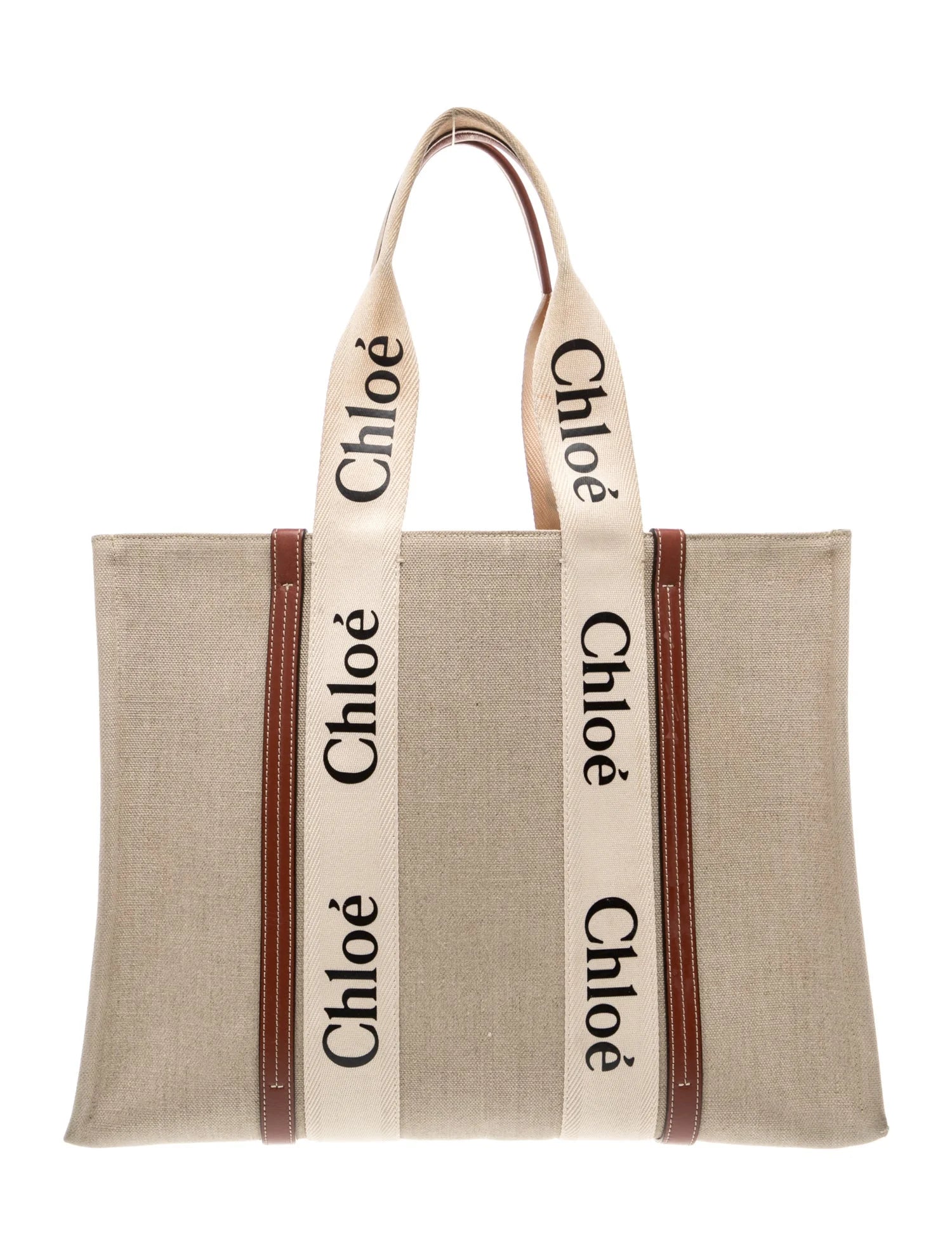 $1650 Chloe Cotton Calfskin Large Woody Ribbon Tote White Brown