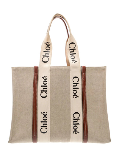 $1650 Chloe Cotton Calfskin Large Woody Ribbon Tote White Brown