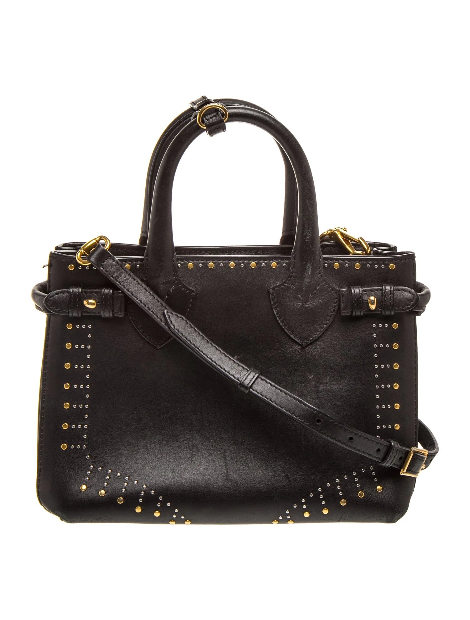 $2650 Burberry Studded Derby Calfskin Small Banner Tote Black