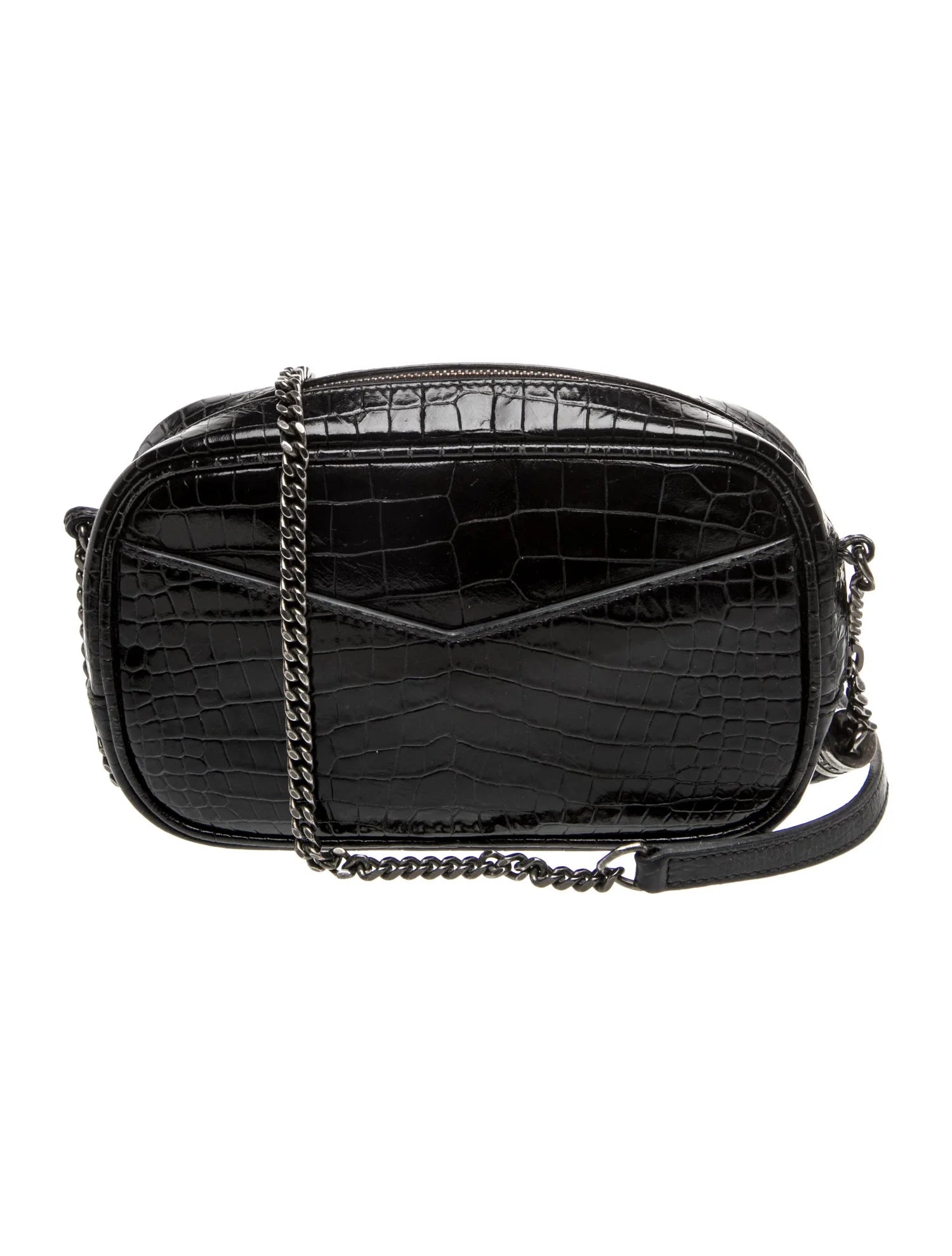 $1800 2019 Saint Laurent Calfskin Crocodile Embossed Monogram Mini Lou Camera Bag Black