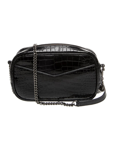 $1800 2019 Saint Laurent Calfskin Crocodile Embossed Monogram Mini Lou Camera Bag Black