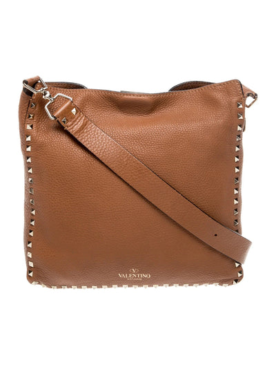 $2275 Valentino Pebbled Calfskin Small Rockstud Flip-Lock Messenger Bag Brown