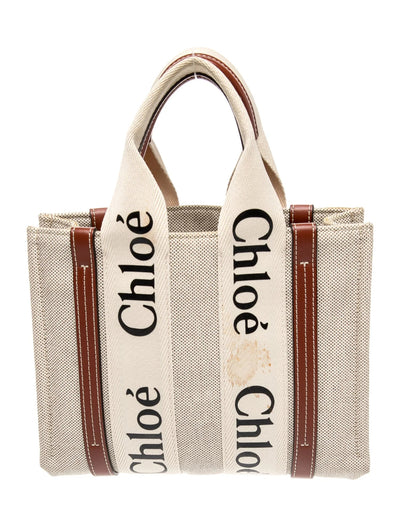 $1350 Chloe Linen Calfskin Small Woody Ribbon Tote White Black