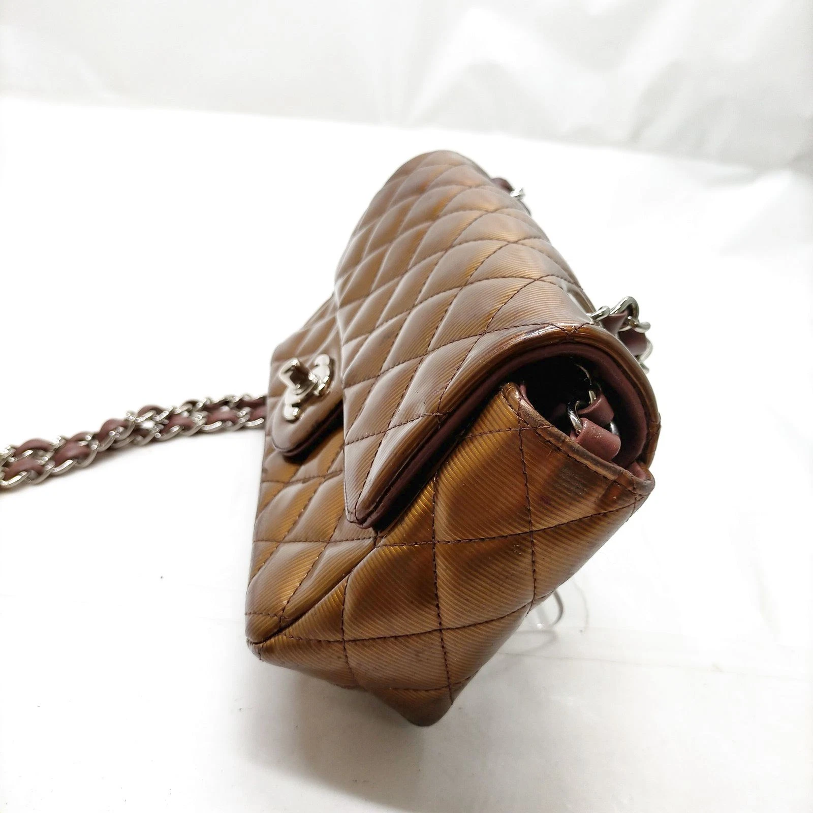 $5200 2013 Chanel Patent Calfskin Quilted Mini Rectangular Flap Bronze Metallic