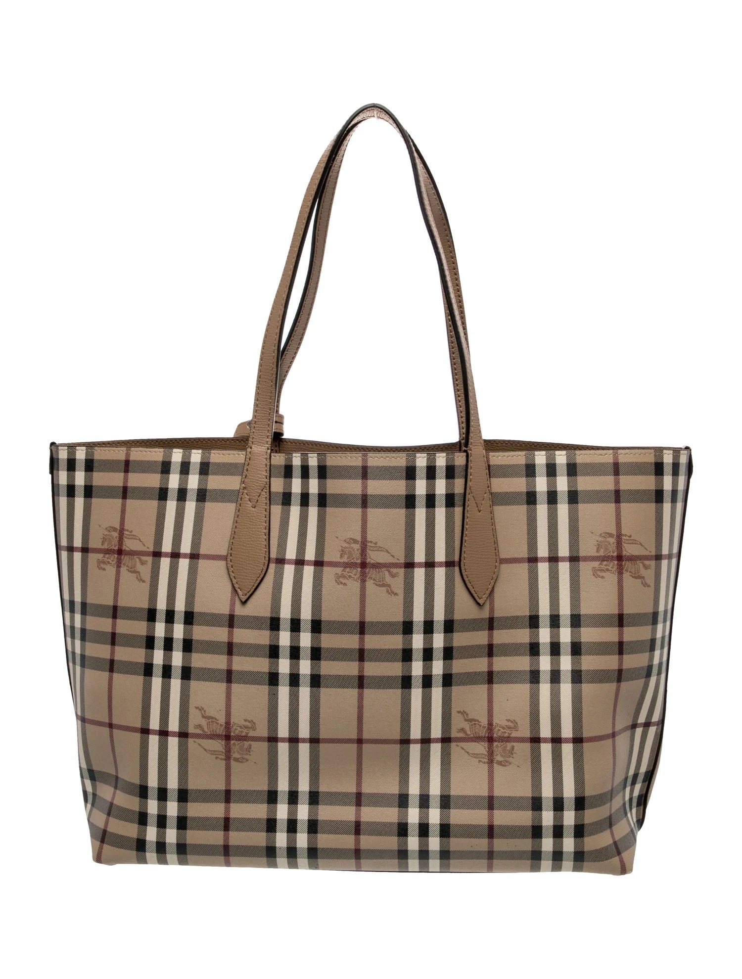 $995 Burberry Grainy Calfskin Haymarket Check Medium Reversible Tote