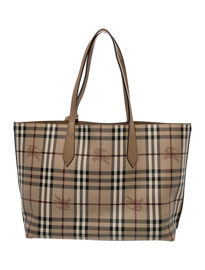 $995 Burberry Grainy Calfskin Haymarket Check Medium Reversible Tote
