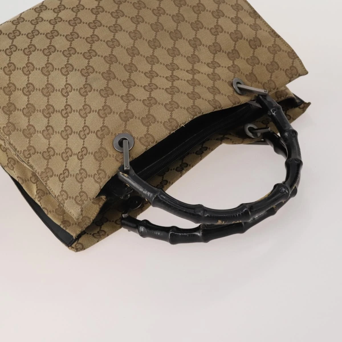 $1100 GUCCI GG Canvas Top Handle Bag Bamboo Beige
