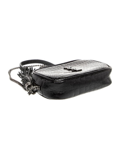 $1800 2019 Saint Laurent Calfskin Crocodile Embossed Monogram Mini Lou Camera Bag Black