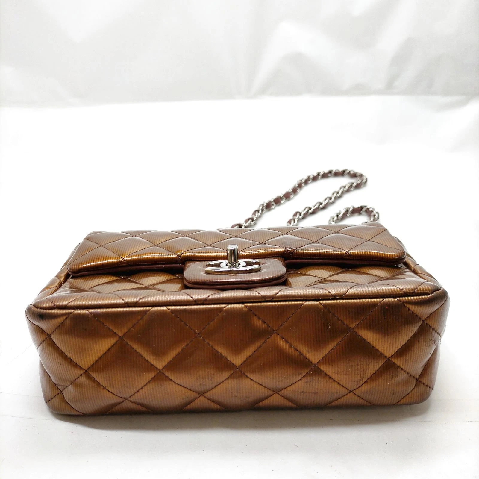 $5200 2013 Chanel Patent Calfskin Quilted Mini Rectangular Flap Bronze Metallic