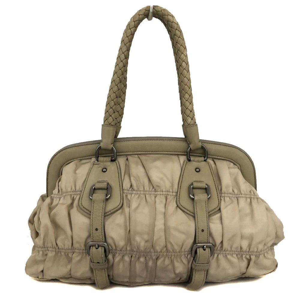 $800 PRADA Logo Plate Nylon Hand Bag Ivory