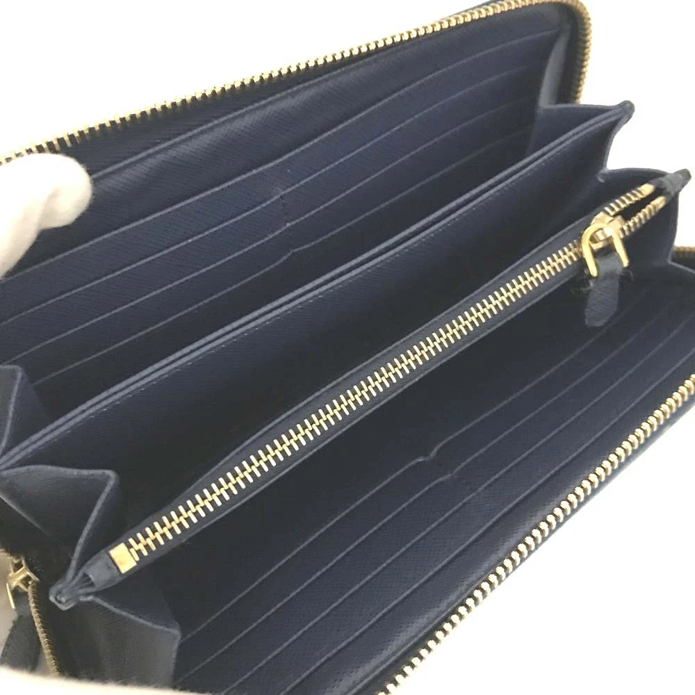 $1070 PRADA Logo Plate Saffiano Leather Zip Around Long Wallet Blue