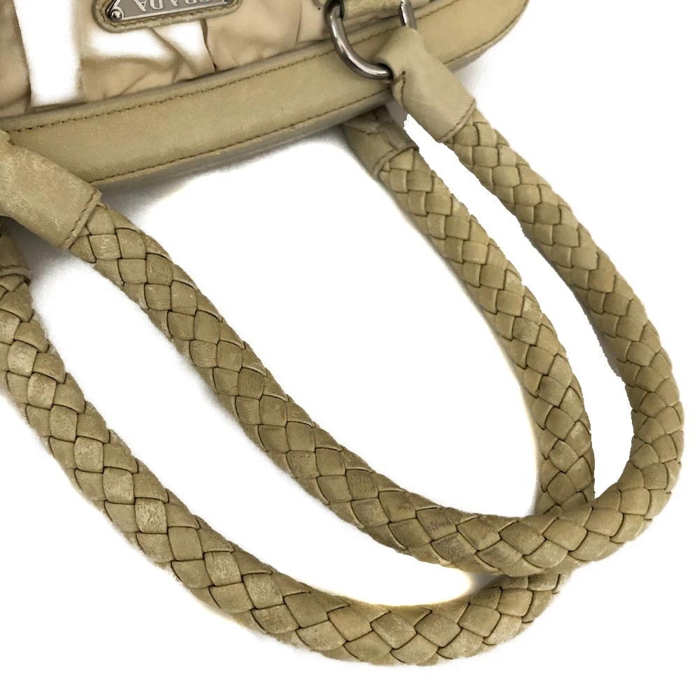 $800 PRADA Logo Plate Nylon Hand Bag Ivory