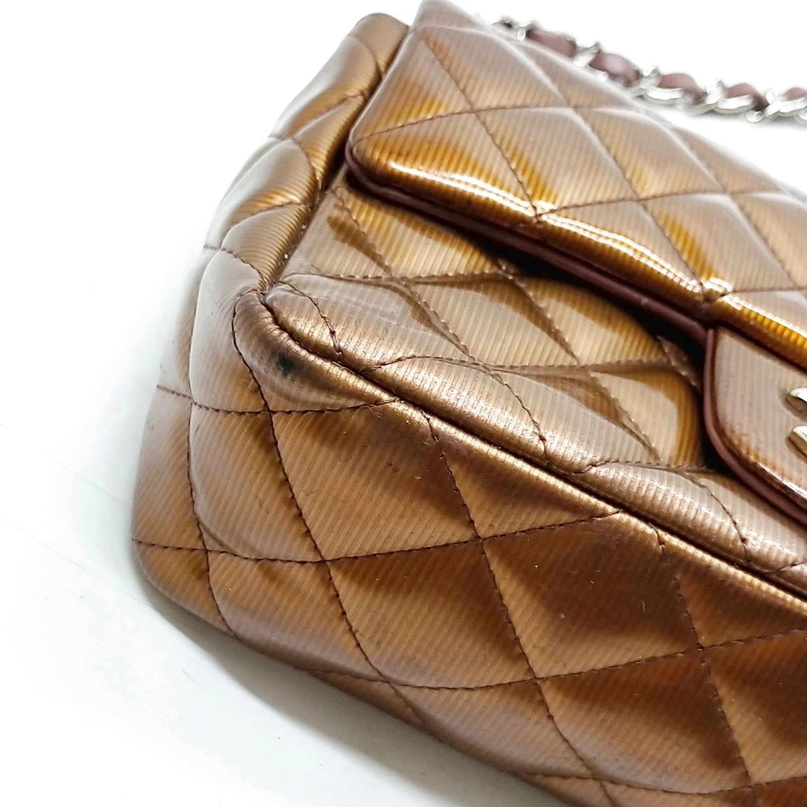 $5200 2013 Chanel Patent Calfskin Quilted Mini Rectangular Flap Bronze Metallic