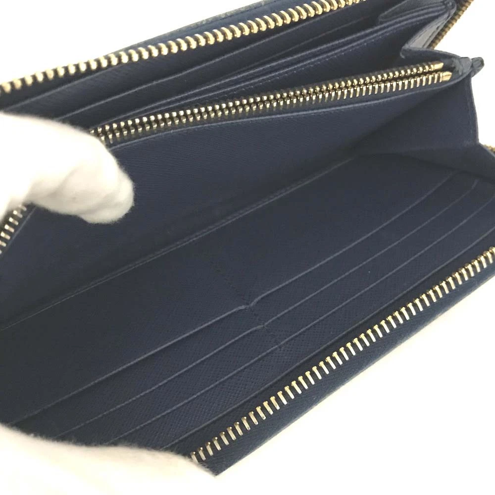 $1070 PRADA Logo Plate Saffiano Leather Zip Around Long Wallet Blue