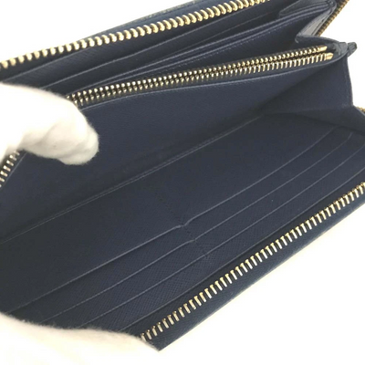 $1070 PRADA Logo Plate Saffiano Leather Zip Around Long Wallet Blue