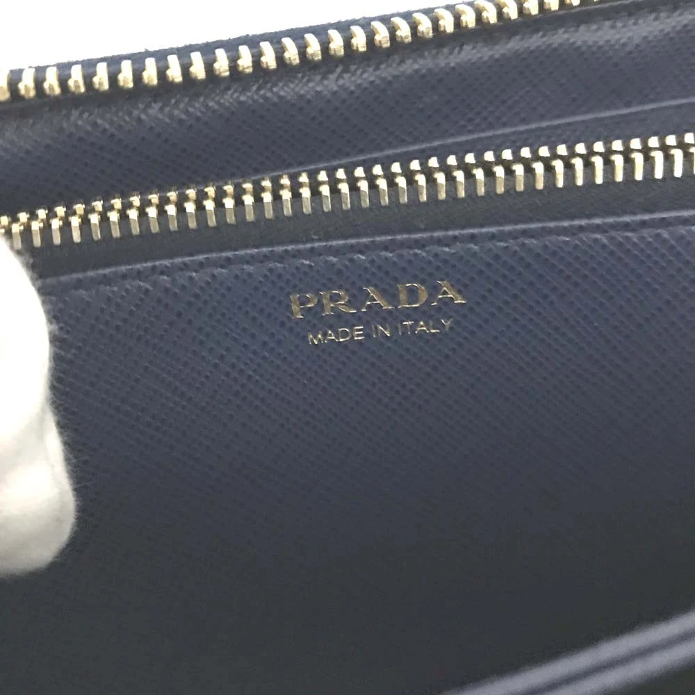 $1070 PRADA Logo Plate Saffiano Leather Zip Around Long Wallet Blue