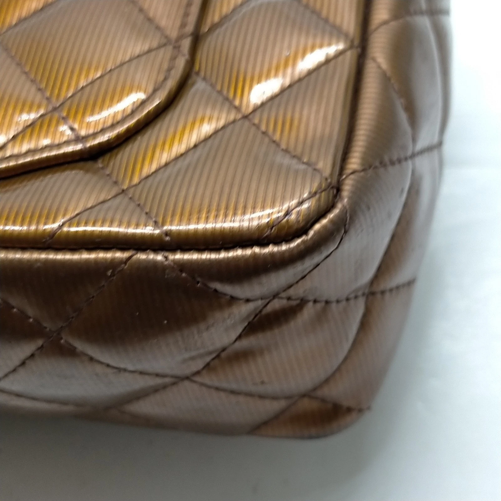 $5200 2013 Chanel Patent Calfskin Quilted Mini Rectangular Flap Bronze Metallic