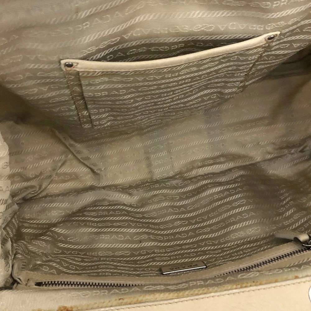 $800 PRADA Logo Plate Nylon Hand Bag Ivory
