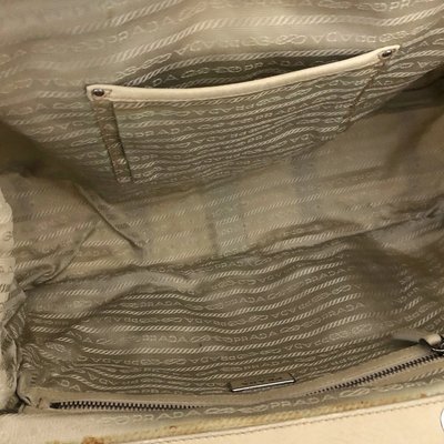 $800 PRADA Logo Plate Nylon Hand Bag Ivory
