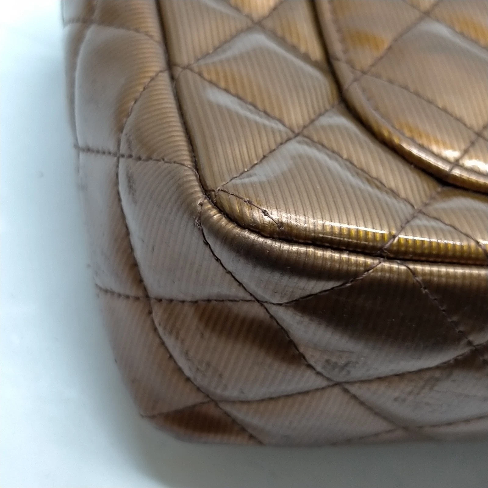 $5200 2013 Chanel Patent Calfskin Quilted Mini Rectangular Flap Bronze Metallic