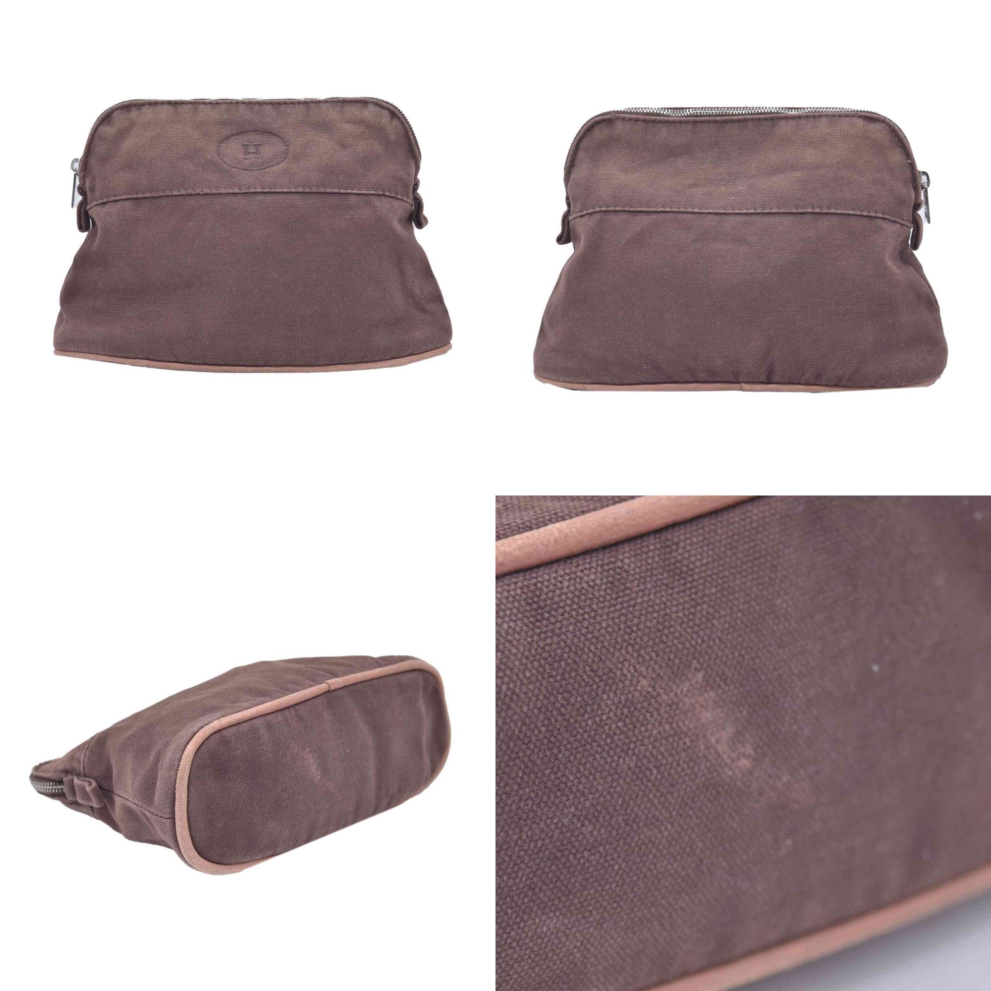 $520 HERMES Cotton Canvas Bolide MM Cosmetic Pouch Brown CONSIGNMENT 10021211