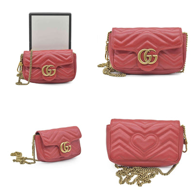$1550 Gucci Calfskin Matelasse Super Mini GG Marmont Shoulder Bag Hibiscus Red