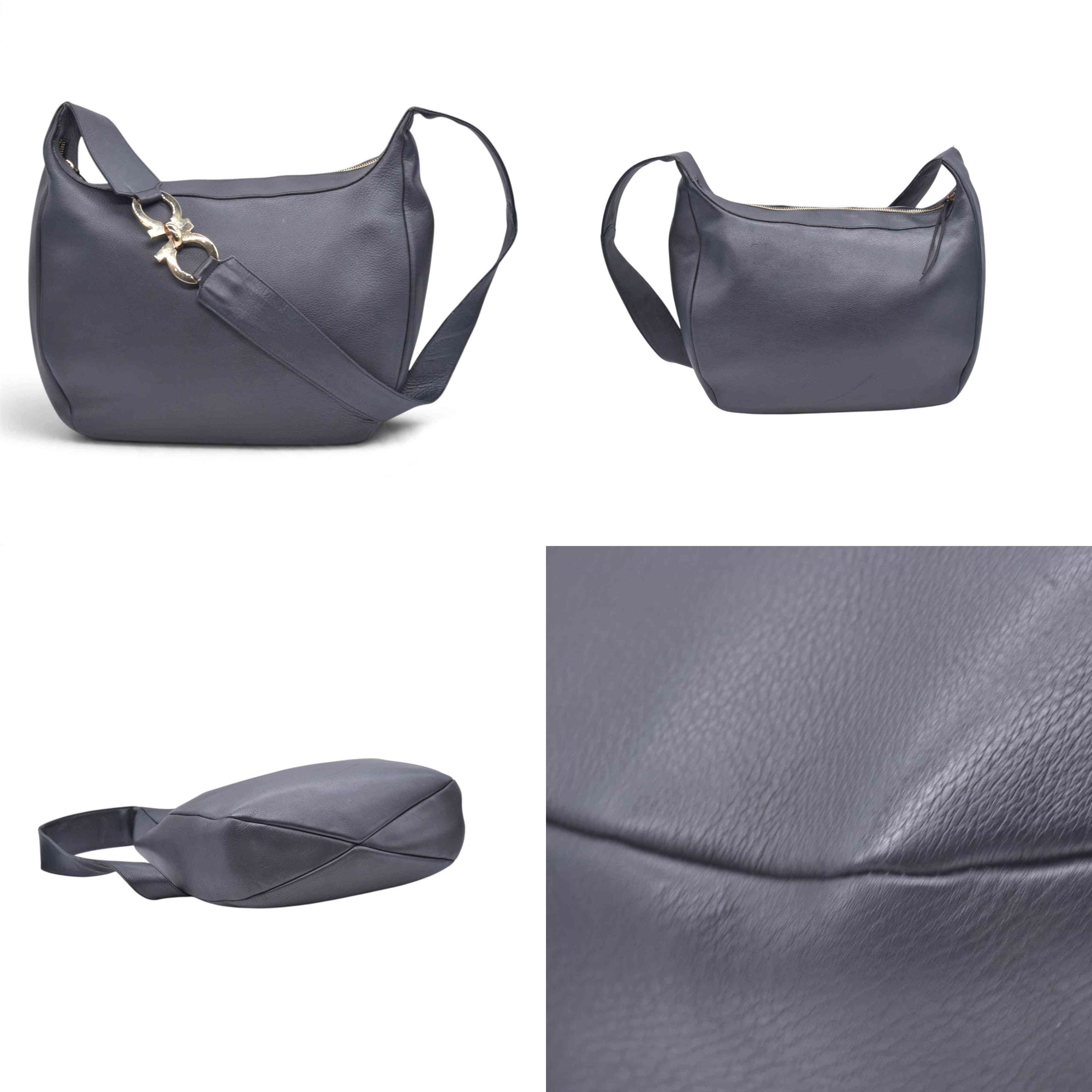 $890 SALVATORE FERRAGAMO Leather Gancini Shoulder Bag Dark Grey CONSIGNMENT 10021182