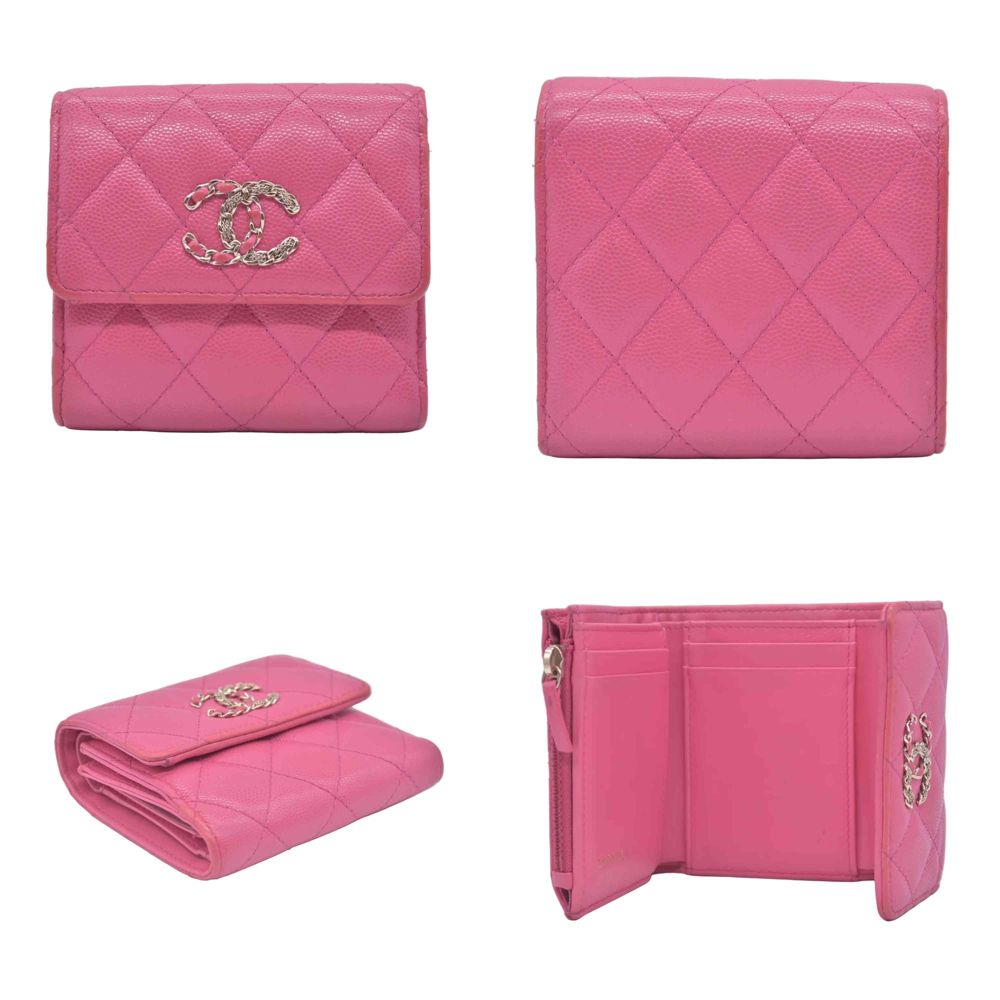 $1025 2020 CHANEL Interlocking CC Chain Small Flap Tri-Fold Wallet Pink Caviar Leather
