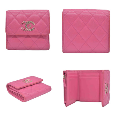 $1025 2020 CHANEL Interlocking CC Chain Small Flap Tri-Fold Wallet Pink Caviar Leather