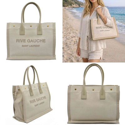 $2000 SAINT LAURENT Linen Calfskin Small Rive Gauche Tote Beige Sea Salt