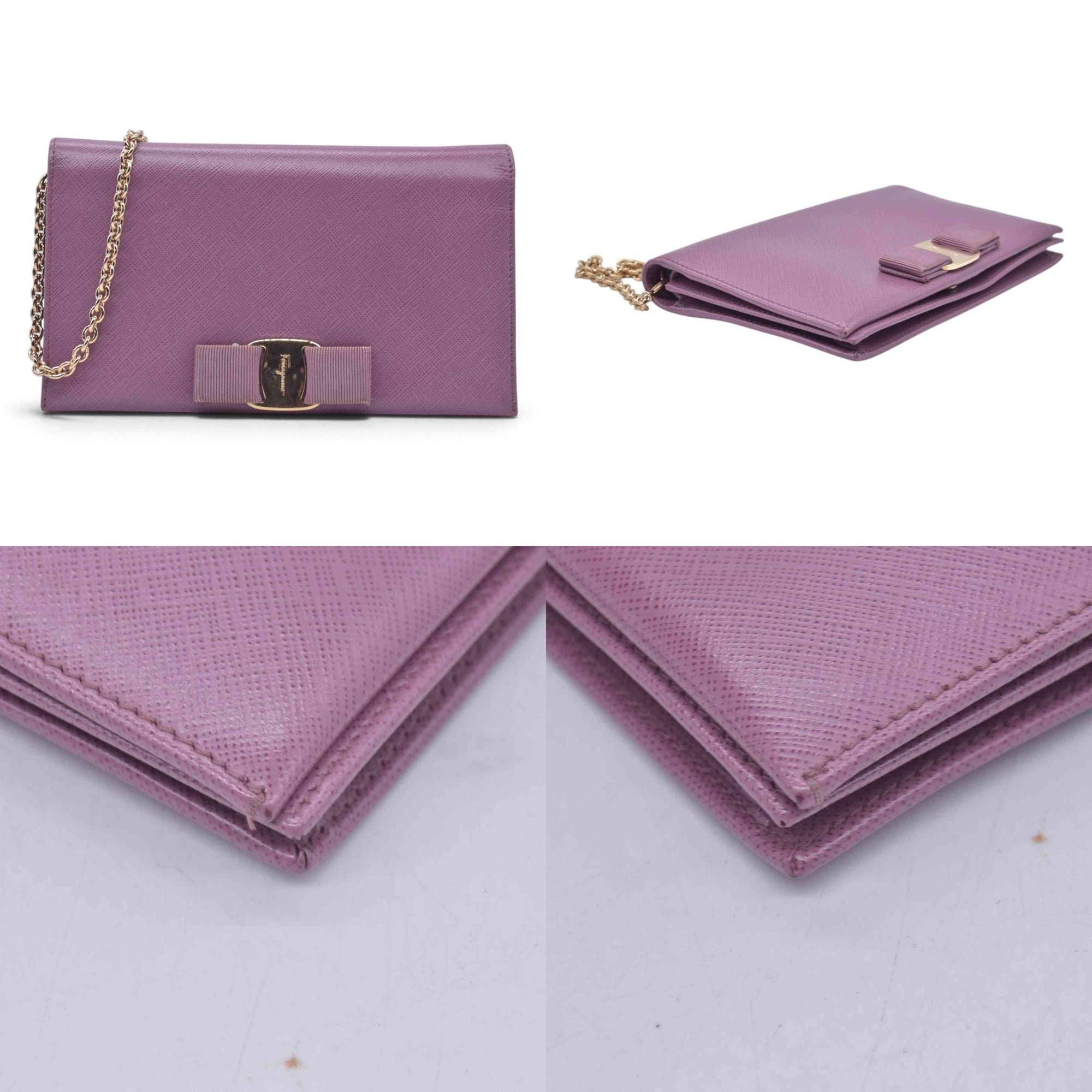 $650 SALVATORE FERRAGAMO Vara Bow Saffiano Leather Chain Flap Wallet Crossbody Pink CONSIGNMENT 10021563
