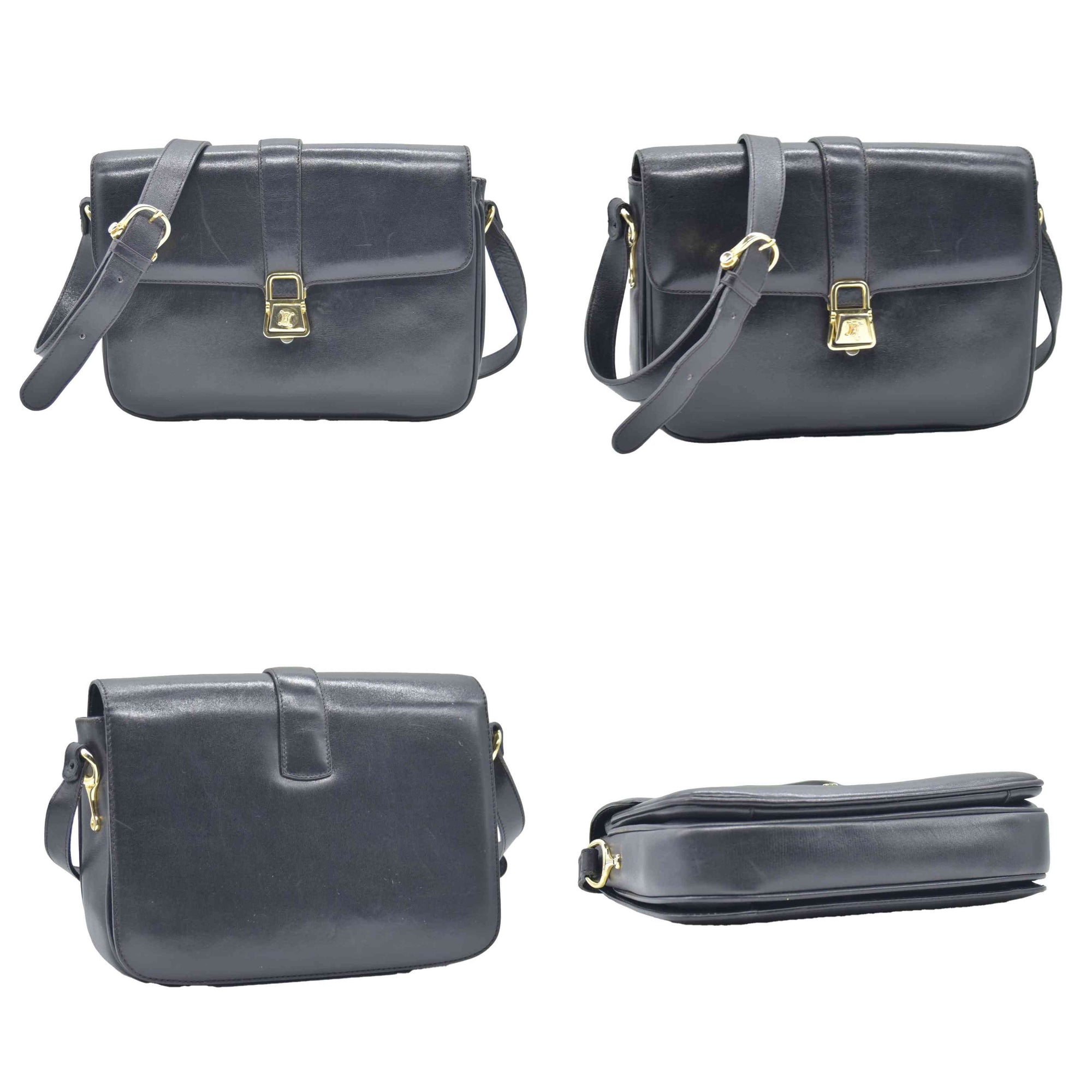 $1800 CONSIGNMENT CELINE Vintage Calf Leather Shoulder Bag Black Rare Horsebit Gold Hardware