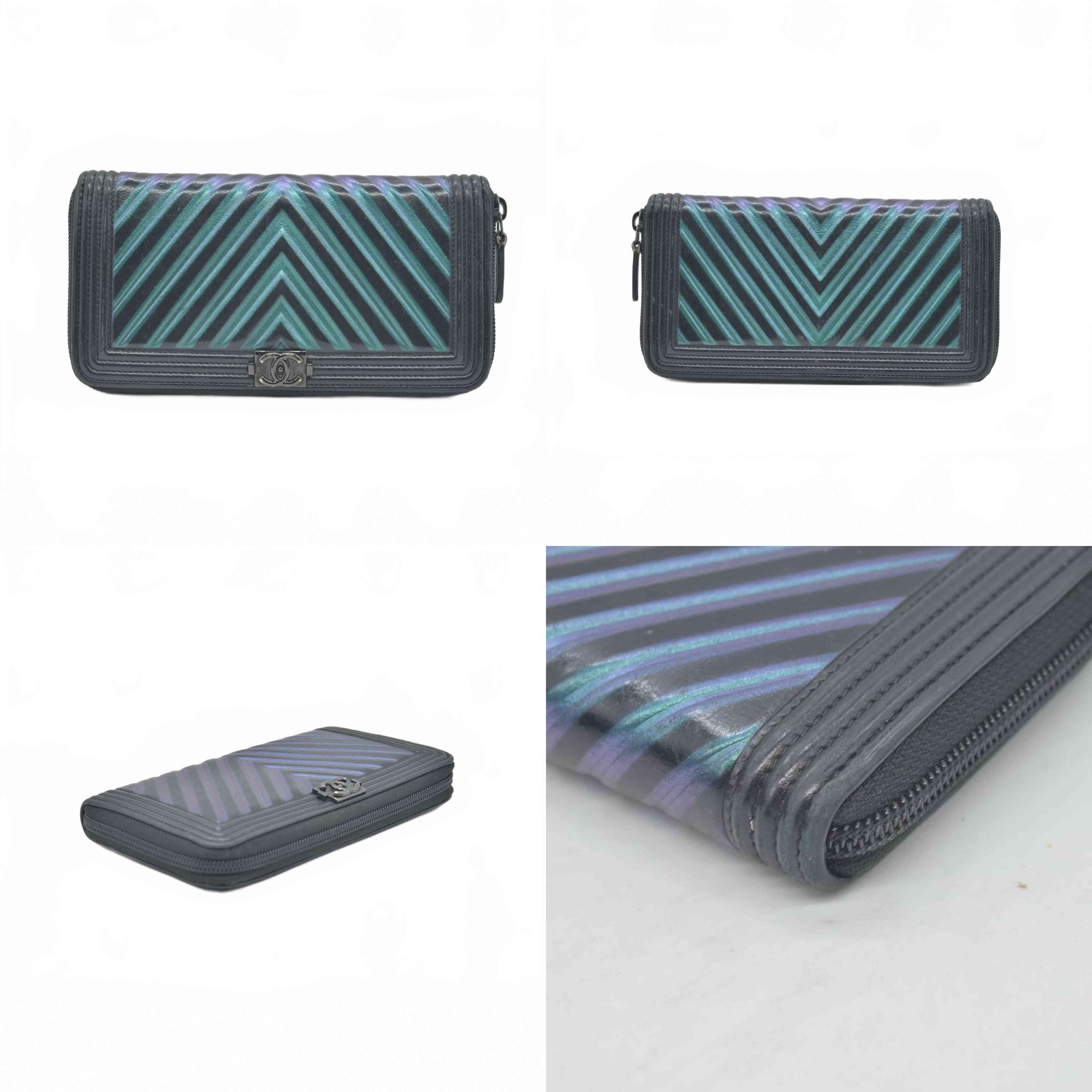 Chanel Calfskin Chevron Quilted Iridescent Zip Around Boy Wallet CONSIGNMENT
