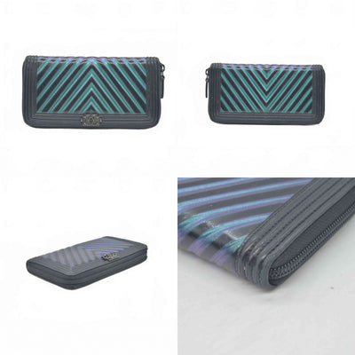 Chanel Calfskin Chevron Quilted Iridescent Zip Around Boy Wallet CONSIGNMENT