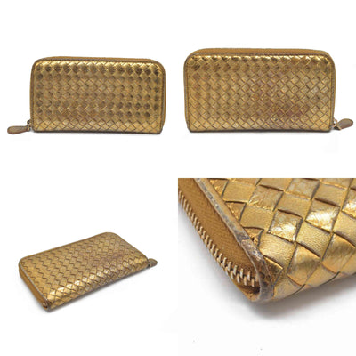 Bottega Veneta Intrecciato Lambskin Zip Around Long Wallet Gold