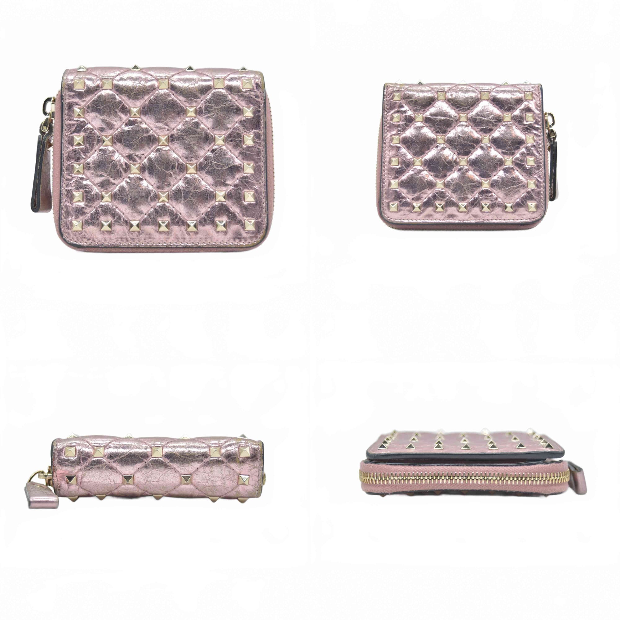 $775 VALENTINO Garavani Nappa Rockstud Spike Compact Zip Around Wallet Metallic Pink