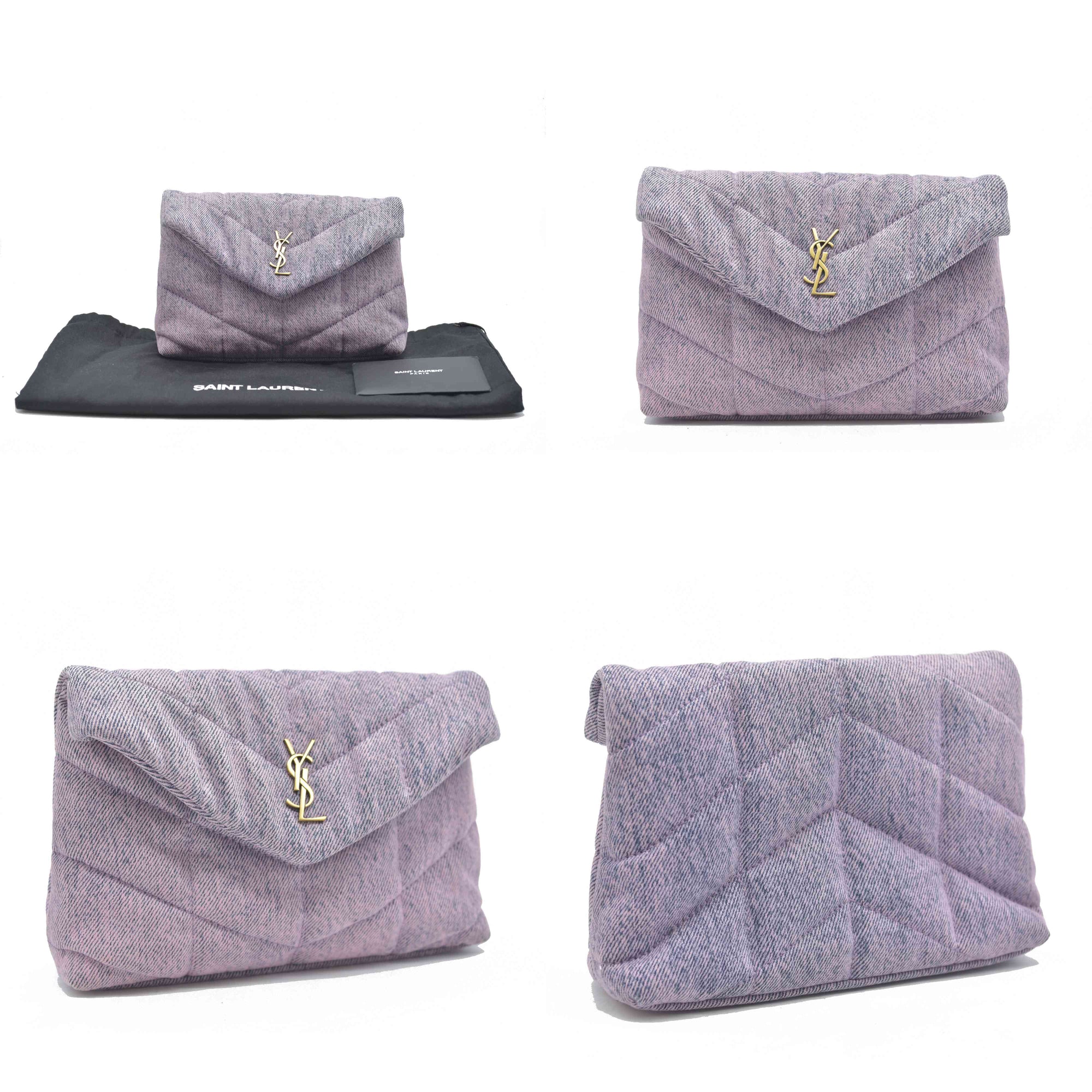 $1000 Saint Laurent Denim Quilted Loulou Puffer Monogram Pouch Clutch Bleached Lilac CONSIGNMENT