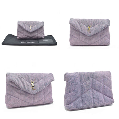 $1000 Saint Laurent Denim Quilted Loulou Puffer Monogram Pouch Clutch Bleached Lilac CONSIGNMENT