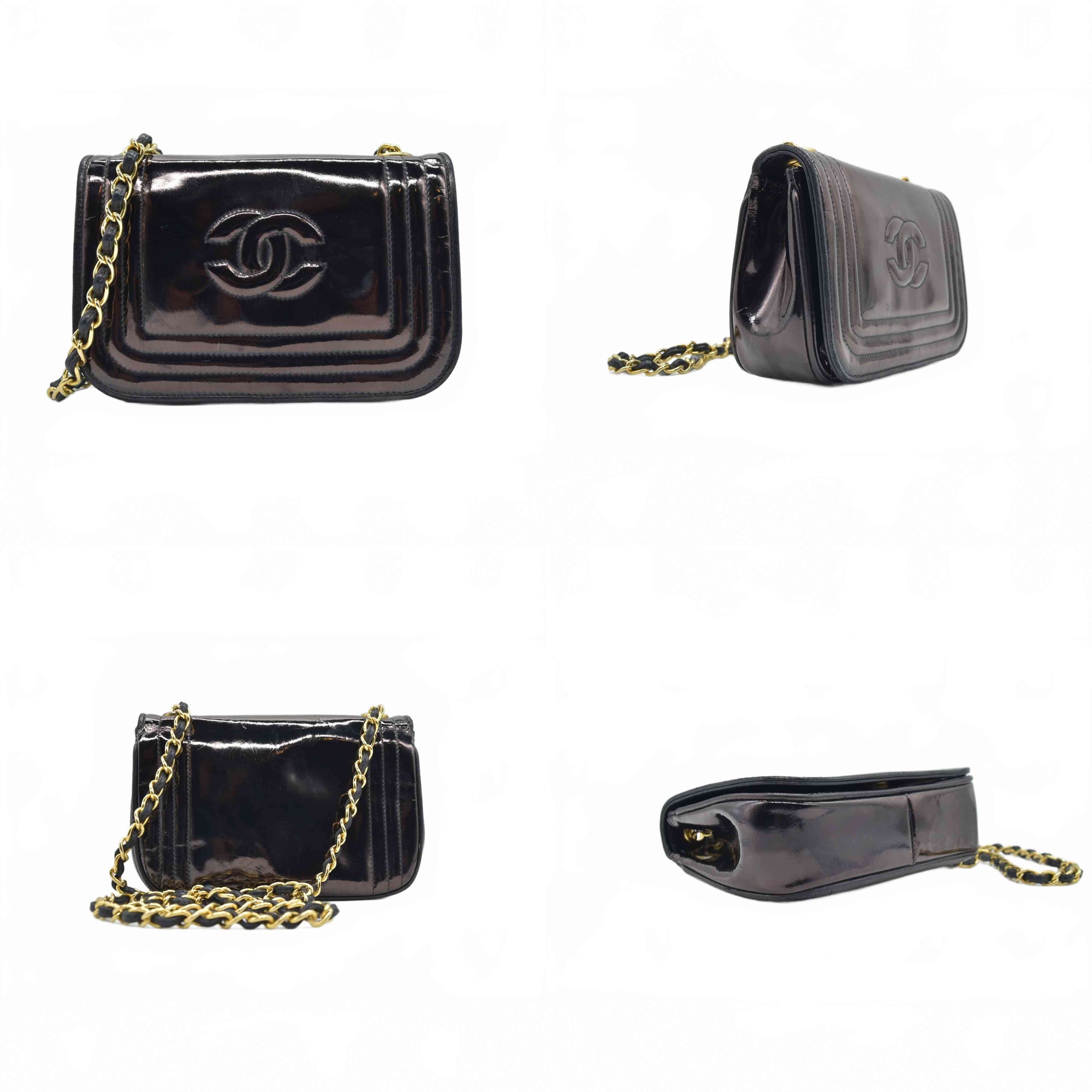 $3500 Chanel Patent Mini Flap Brown Chain Shoulder Bag