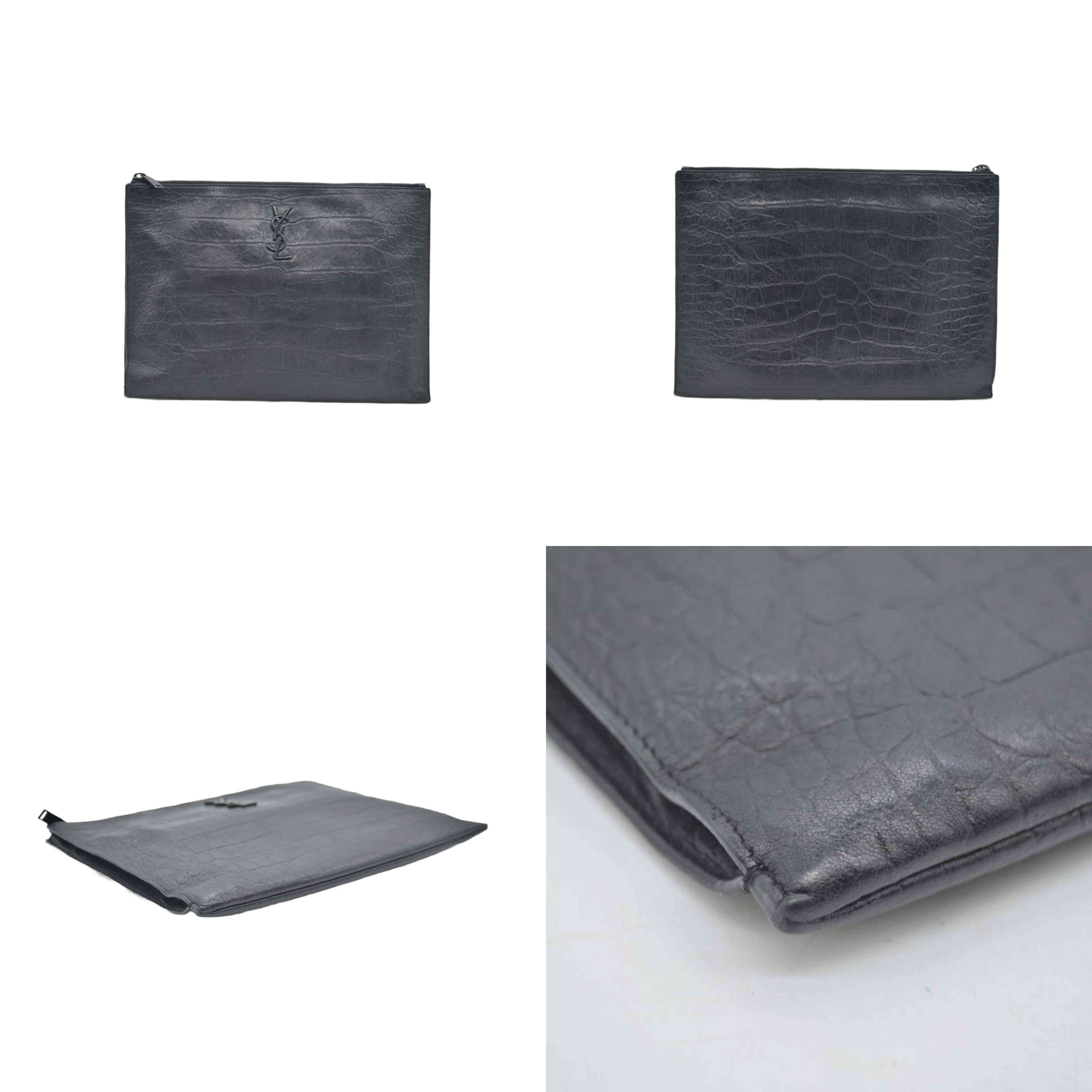 $990 Saint Laurent Croc Monogram Embossed Zip Clutch Black 2018