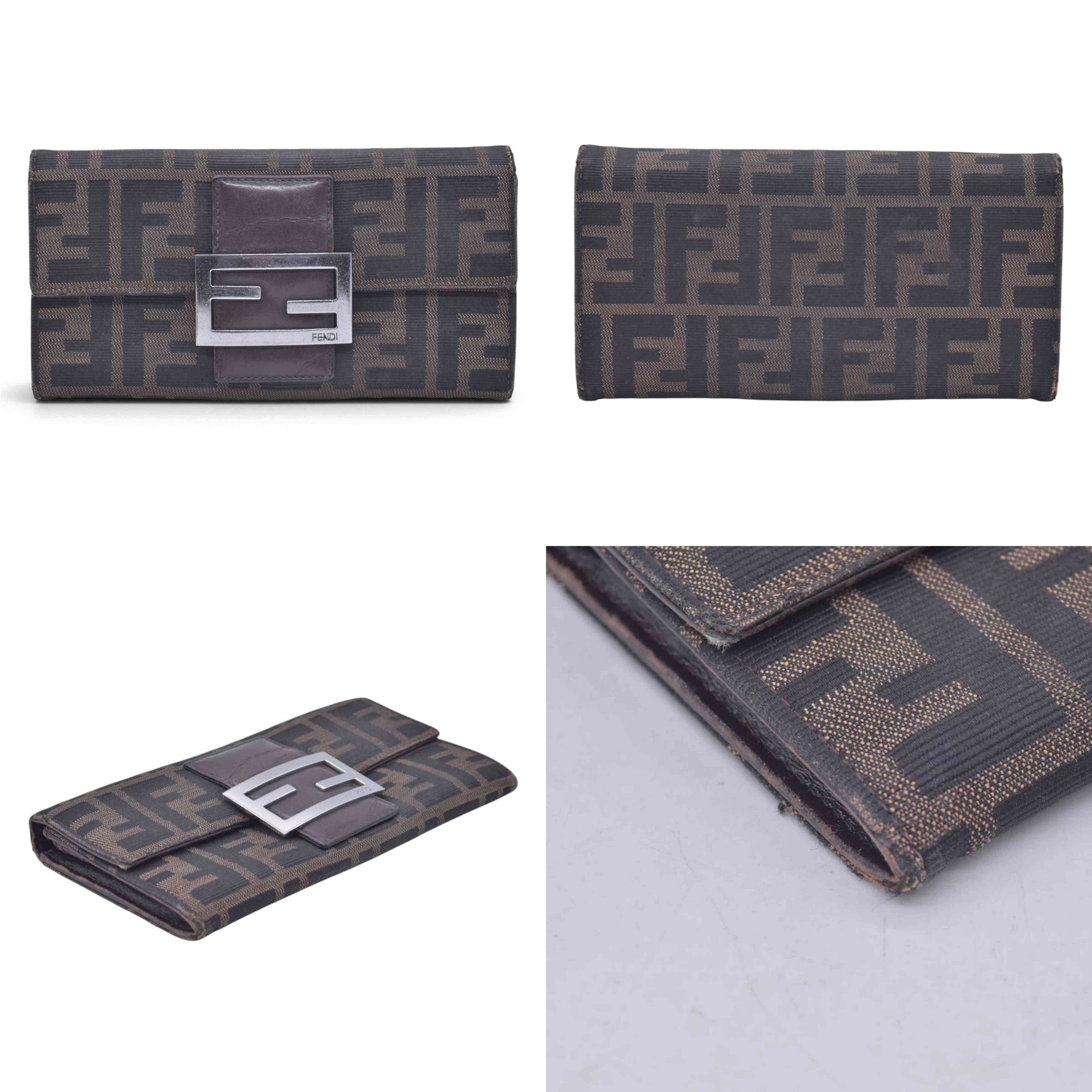 $580 DAMAGED FENDI Canvas FF Zucca Buckle Continental Flap Wallet Brown CONSIGNMENT 10021588